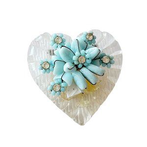 VTG Lucite Heart Brooch With Wired Glass Flower (A46)